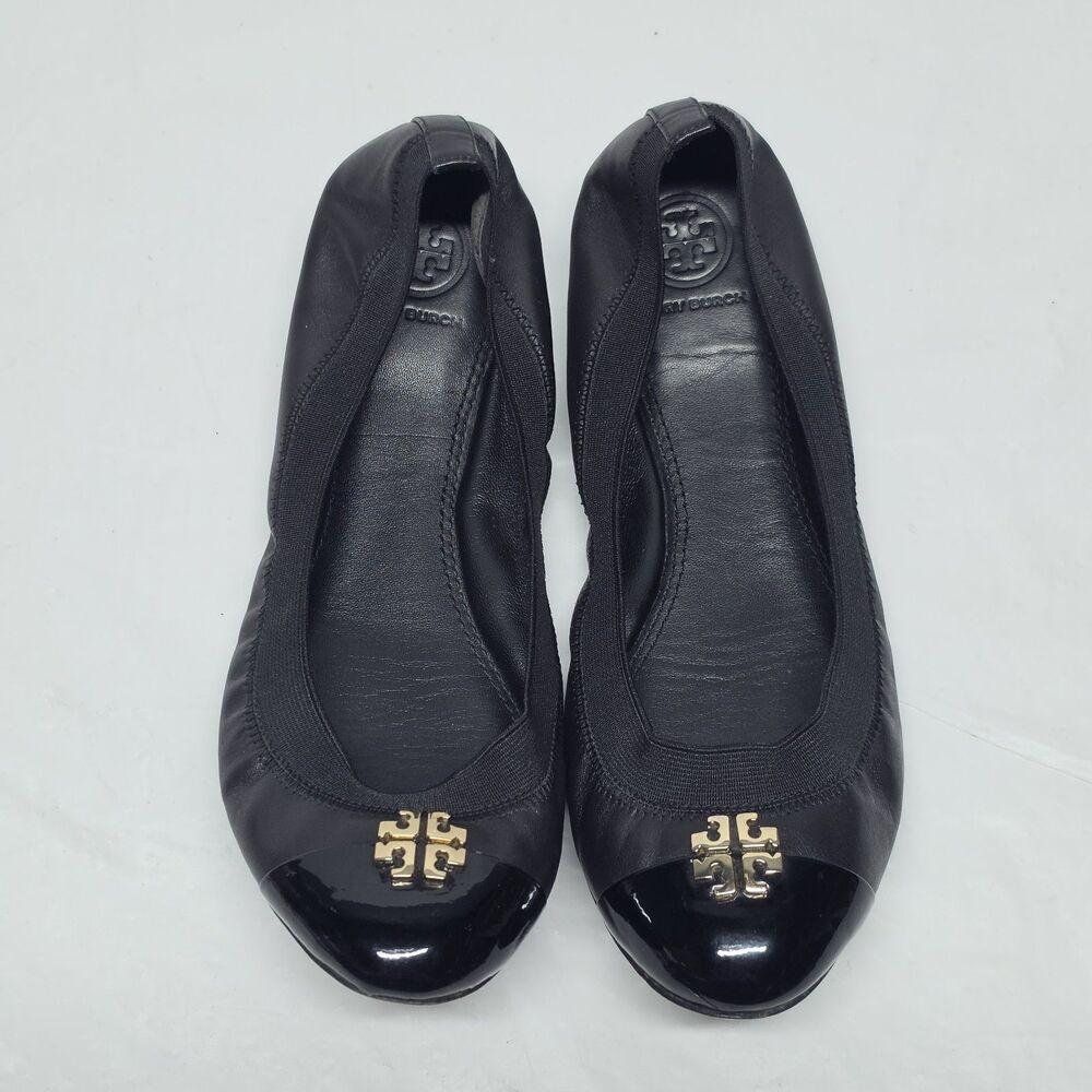 Tory Burch Jolie Black Leather Patent Ballet Flats Gold Logo Womem's Size 7.5